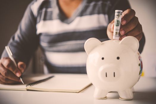 Hands are money  into a piggy bank - concept of saving.