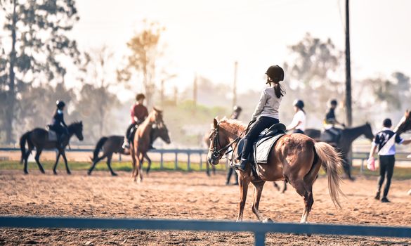  young girl is training to ride a horse horse is in the practice field