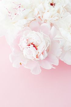 White peony flowers as floral art on pink background, wedding flatlay and luxury branding design