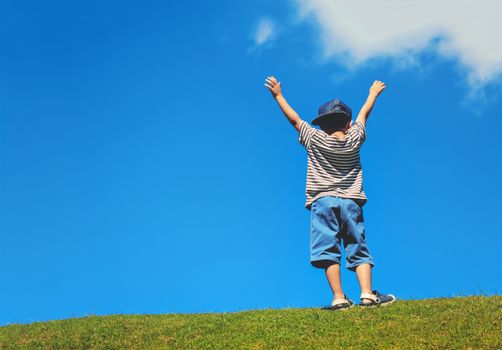 happy boy on green grass against blue sky background