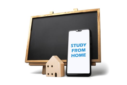 learn and teach from home. schools encourage study from home with remote learning due to pandemic. online education and distance learning concept. smartphone with blackboard and house model on white.