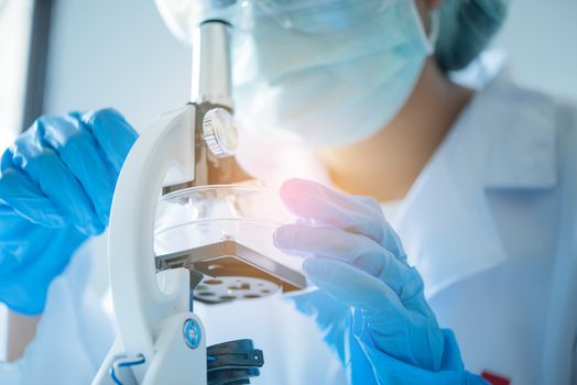 scientist student  looking through a microscope in an experiment research in laboratory,studying and researching