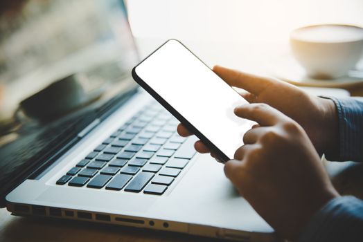 hands business holding blank screen mobile in desk work.