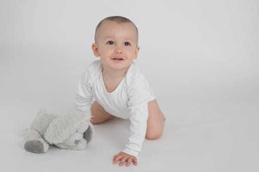 baby on a white background with a soft toy bunny
