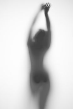 silhouette of a pregnant woman from behind and arms outstretched on a light background