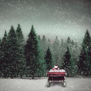 Santa flying his sleigh against snowy landscape with fir trees