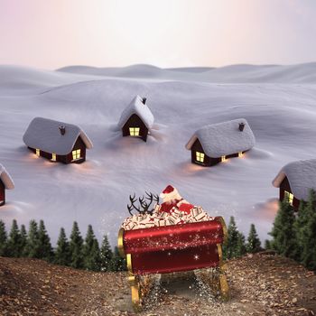 Santa flying his sleigh against cute village in the snow