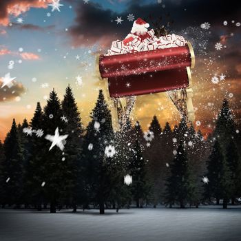 Santa flying his sleigh against snowy landscape with fir trees