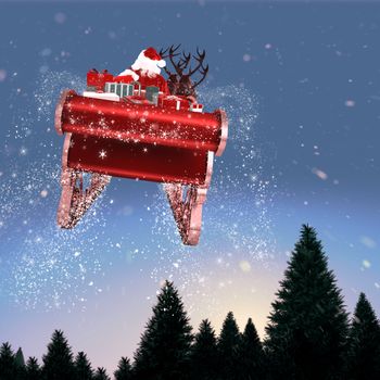 Santa flying his sleigh against snow falling on fir tree forest