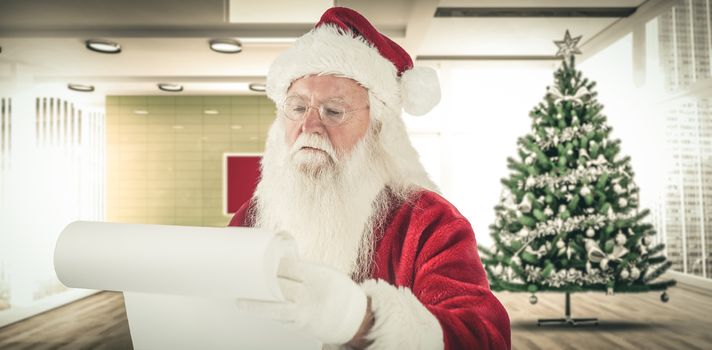 Santa claus checking his list against home with christmas tree