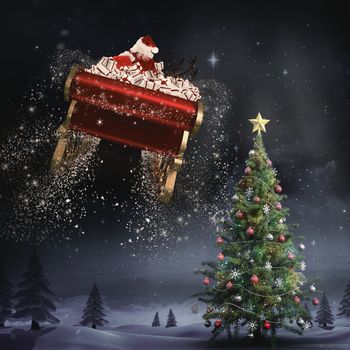 Santa flying his sleigh against forest at night with christmas tree
