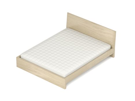 Wooden bed with memory foam mattress on white background