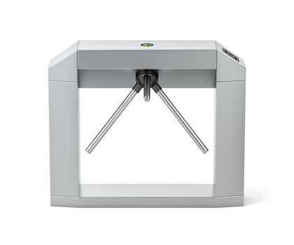 Side view of electronic turnstile on white background
