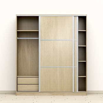 Front view of modern wood wardrobe in the room
