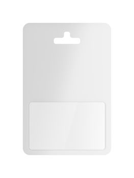 Front view of white blank gift card in blister packaging, isolated on white background
