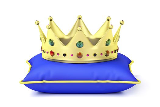 Royal gold crown on blue pillow, front view