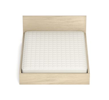 Wooden bed with comfortable mattress on white background