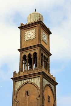 The clock tower is situated at the gateway to the Old Medina in Casablanca, Morocco.