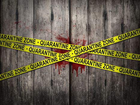yellow quarantine zone tape for warning over quarantine area on outbreak situation with bloody dirt wooden wall background