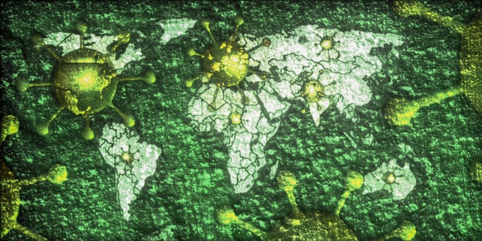 3D-Illustration of a world map showing the corona virus covid-19 hotspots in the United States and Europe.