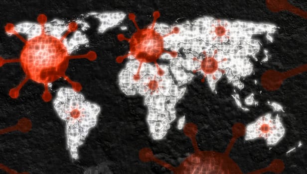 3D-Illustration of a world map showing the corona virus covid-19 hotspots in the United States and Europe.