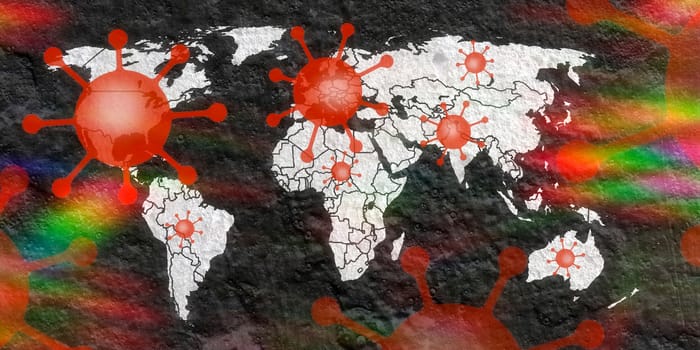 3D-Illustration of a world map showing the corona virus covid-19 hotspots in the United States and Europe.