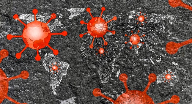 3D-Illustration of a world map showing the corona virus covid-19 hotspots in the United States and Europe.