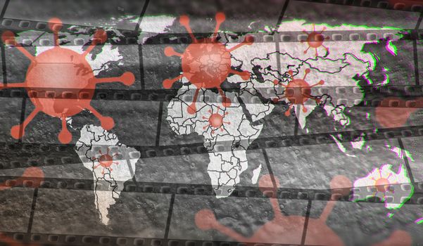 3D-Illustration of a world map showing the corona virus covid-19 hotspots in the United States and Europe.