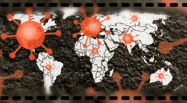 3D-Illustration of a world map showing the corona virus covid-19 hotspots in the United States and Europe.