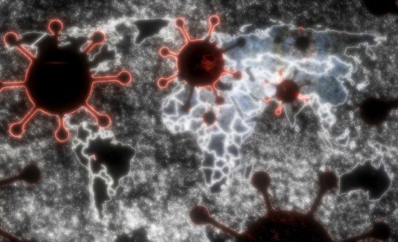 3D-Illustration of a world map showing the corona virus covid-19 hotspots in the United States and Europe.