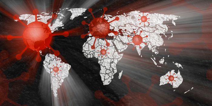 3D-Illustration of a world map showing the corona virus covid-19 hotspots in the United States and Europe.