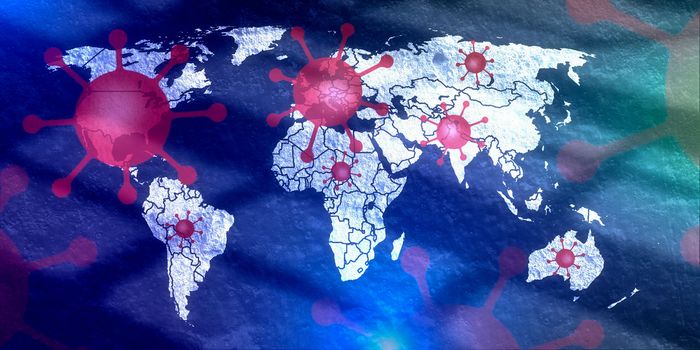 3D-Illustration of a world map showing the corona virus covid-19 hotspots in the United States and Europe.