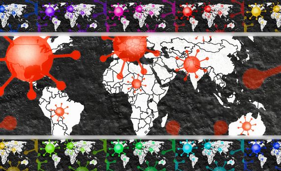 3D-Illustration of a world map showing the corona virus covid-19 hotspots in the United States and Europe.