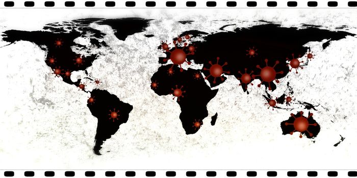 3D-Illustration of a world map showing the corona virus covid-19 hotspots in the United States and Europe.