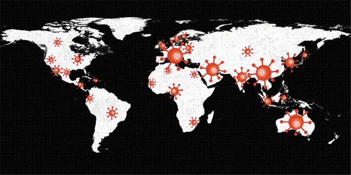 3D-Illustration of a world map showing the corona virus covid-19 hotspots in the United States and Europe.