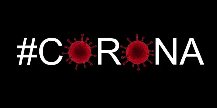 Chalkboard banner of corona virus tags in different colors.