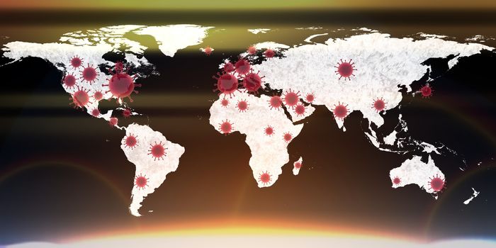 3D-Illustration of a world map showing the corona virus covid-19 hotspots in the United States and Europe.