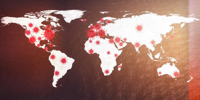 3D-Illustration of a world map showing the corona virus covid-19 hotspots in the United States and Europe.