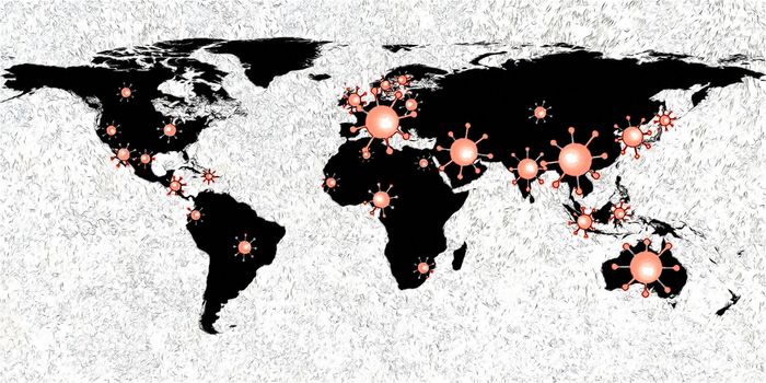 3D-Illustration of a world map showing the corona virus covid-19 hotspots in the United States and Europe.