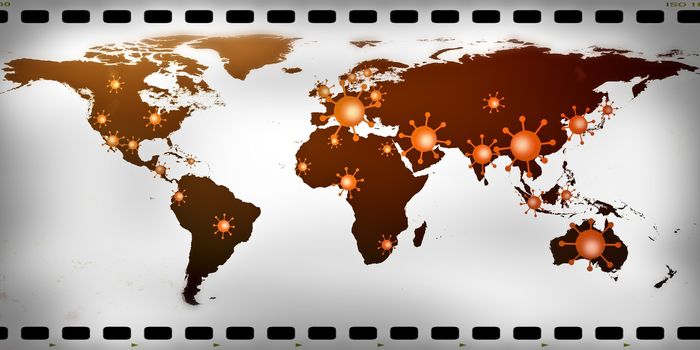 3D-Illustration of a world map showing the corona virus covid-19 hotspots in the United States and Europe.