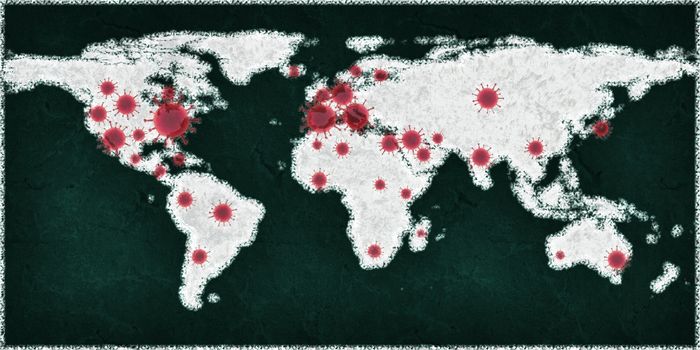 3D-Illustration of a world map showing the corona virus covid-19 hotspots in the United States and Europe.