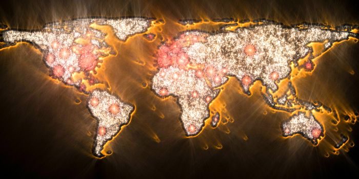 3D-Illustration of a world map showing the corona virus covid-19 hotspots in the United States and Europe.