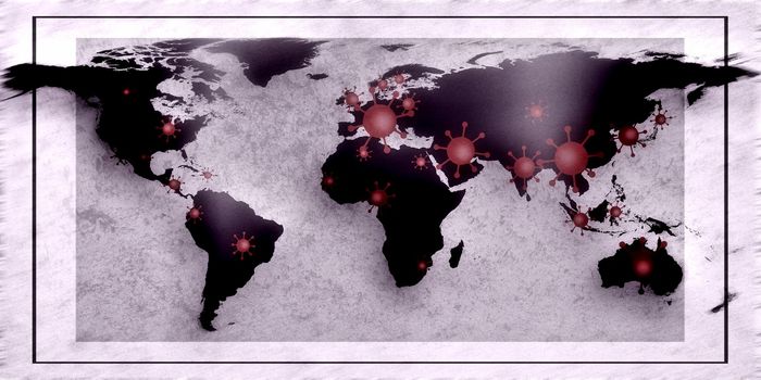 3D-Illustration of a world map showing the corona virus covid-19 hotspots in the United States and Europe.