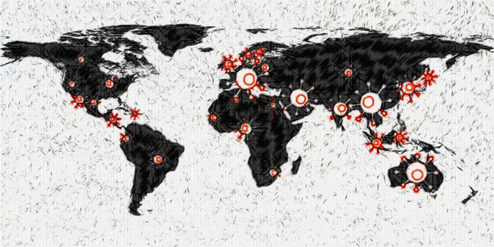 3D-Illustration of a world map showing the corona virus covid-19 hotspots in the United States and Europe.