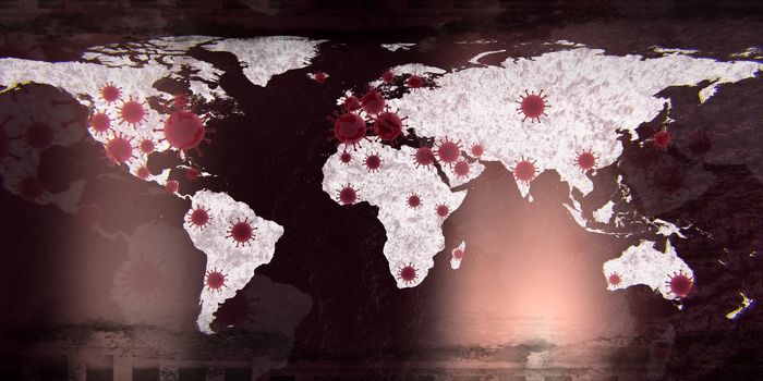 3D-Illustration of a world map showing the corona virus covid-19 hotspots in the United States and Europe.