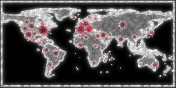 3D-Illustration of a world map showing the corona virus covid-19 hotspots in the United States and Europe.