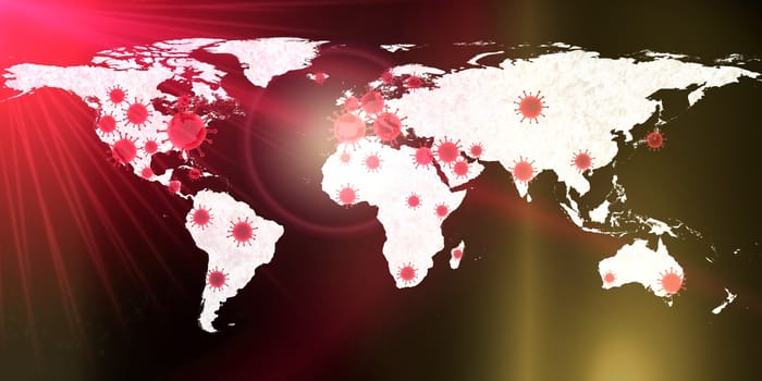 3D-Illustration of a world map showing the corona virus covid-19 hotspots in the United States and Europe.