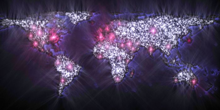 3D-Illustration of a world map showing the corona virus covid-19 hotspots in the United States and Europe.