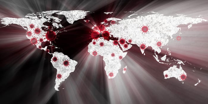 3D-Illustration of a world map showing the corona virus covid-19 hotspots in the United States and Europe.