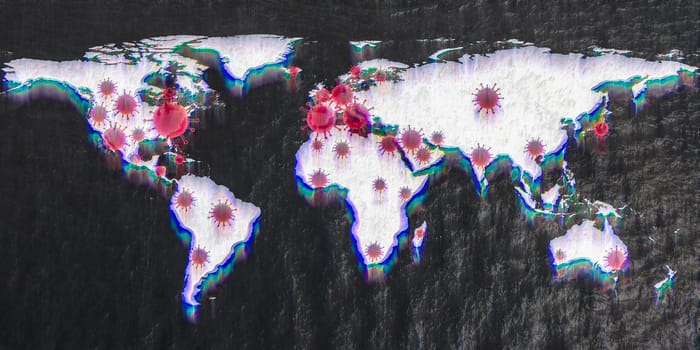 3D-Illustration of a world map showing the corona virus covid-19 hotspots in the United States and Europe.